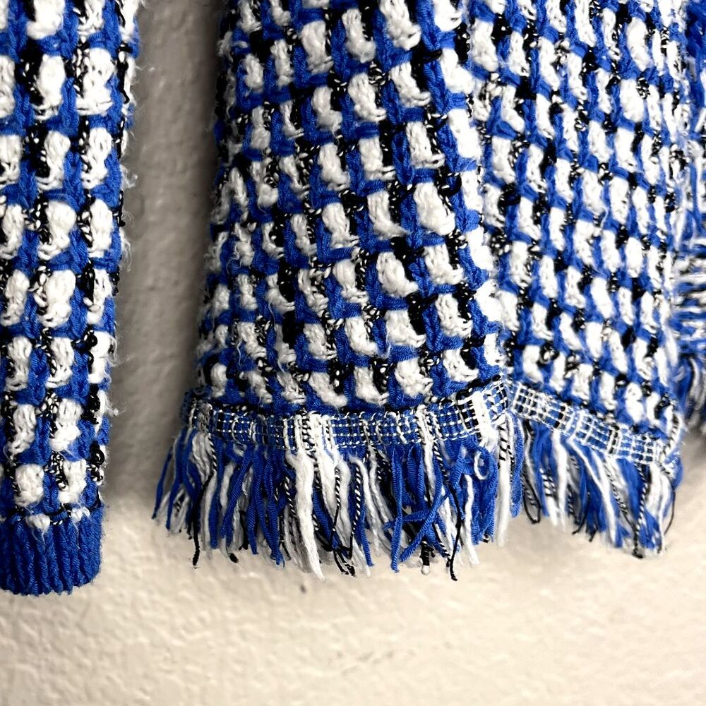 Kasper Womens L Blue White Black Waffle Knit Fringe Open Front Cardigan Jacket - Picture 9 of 11